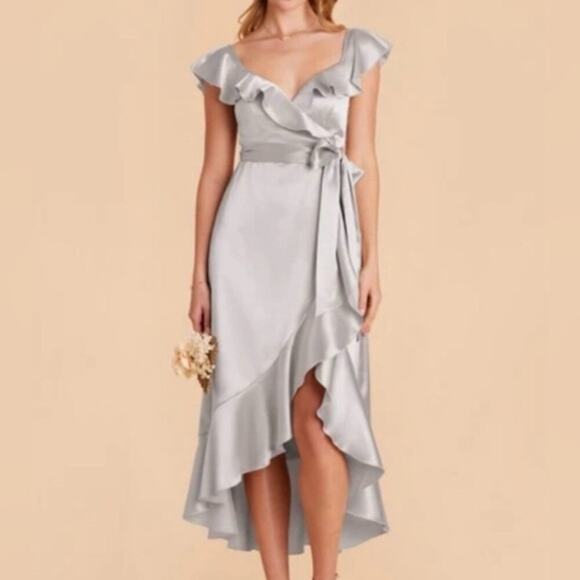 Show Me Your MuMu Dresses & Skirts - Show Me Your MuMu Samantha Ruffle Faux Wrap Dress in Ice Gray Satin XL - NWT
